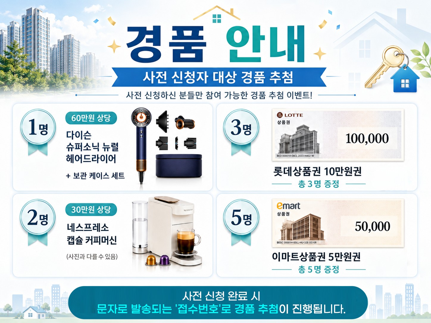 경품 안내. 사전 신청자 대상 경품 추첨. 다이슨 슈퍼소닉 뉴럴 헤어드라이어 및 보관 케이스 세트 60만원 상당 1명, 네스프레소 캡슐 커피머신 35만원 상당 1명, 롯데상품권 10만원권 5명, 이마트상품권 5만원권 10명. 사전 신청하신 분들만 참여 가능하며 행사 당일 추첨을 통해 증정합니다.